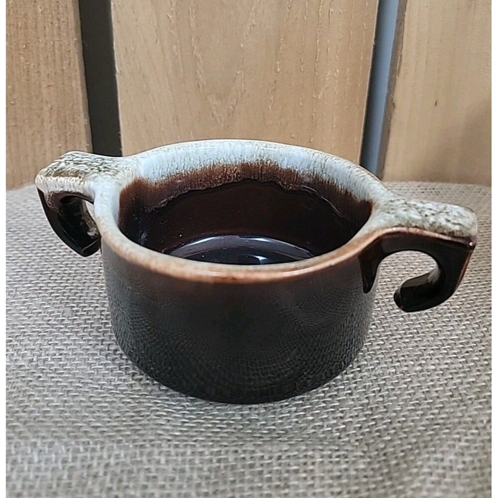 Small Vintage French Onion Soup Style Crock Handled Bowls Brown Drip Glazed